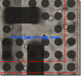 BGA錫球尺寸小于0.4mm，采用降低BGA內(nèi)圍襲球的錫膏量所得到X-Ray，稍微留意一下可以發(fā)現(xiàn)最外圈的錫量(圓的直徑)比其他內(nèi)圍的錫球上的錫量來得多一點(diǎn)點(diǎn)。也就是外圈的黑色圓形直徑比內(nèi)圈的圓形來得大一點(diǎn)點(diǎn)。
