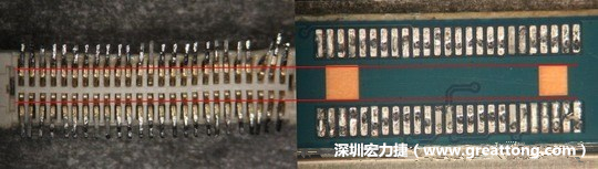 把板對板連接器與其電路板的佈線焊墊作一個比較，端子的切斷面有毛邊的地方剛好對到了裸銅區。