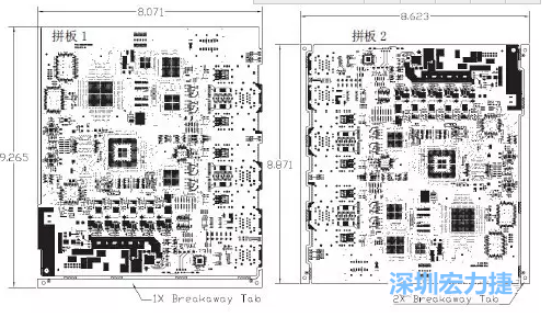 如圖7所示是使用不同數量邊條的拼板，拼板1僅使用了一個邊條，直接利用PCB另一邊作為SMT工藝傳送邊，并且PCB圖形中有合適的安裝孔；而拼板2則是按常規設計了兩個邊條。拼板方式為連接筋。圖中“Breakaway Tab”指邊條-深圳宏力捷