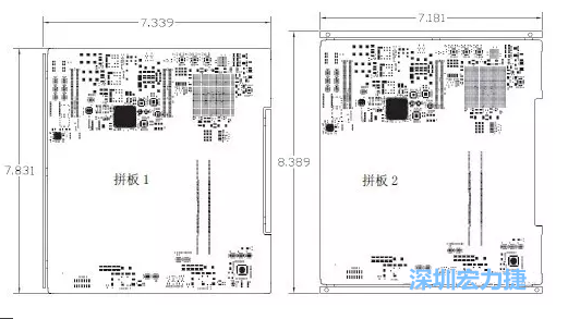 如圖11所示在兩種拼板中PCB單元的邊條位置不同，拼板1中邊條在長邊方向，而拼板2中邊條在短邊方向-深圳宏力捷