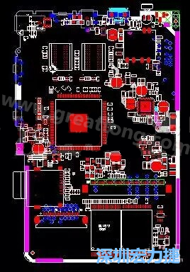 上圖是一個(gè)開(kāi)發(fā)板的PCB，從布局中可以看出各個(gè)接口電路分離很明確，SDRAM和DDR以及SD卡接口電路等走線不會(huì)造成相互的干擾。-深圳宏力捷